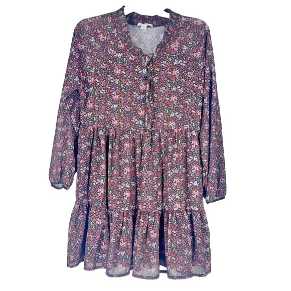 American Eagle Womens Mini Dress Small Burgundy Floral Button Tiered Lined Boho - Picture 1 of 14